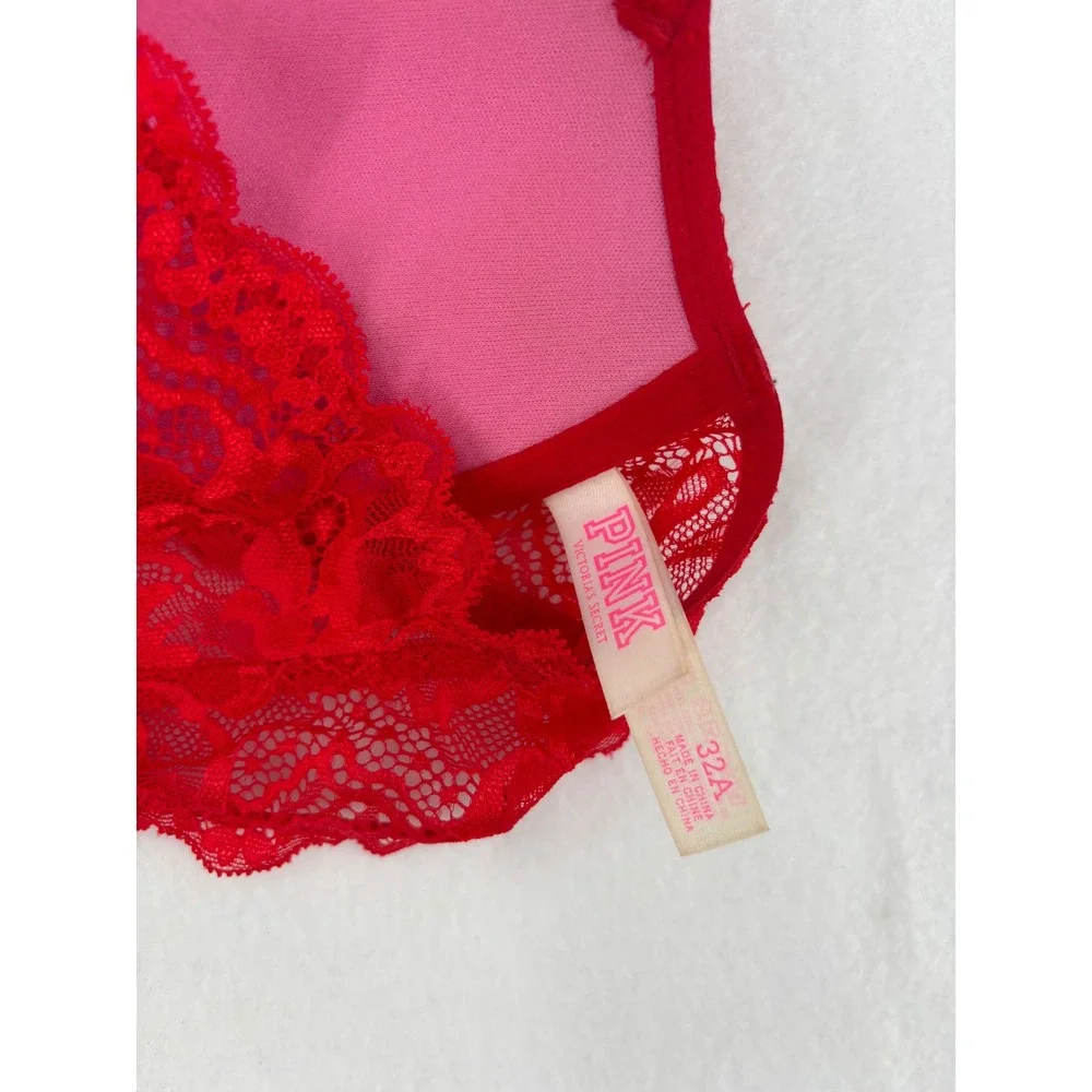 Victoria's Secret PINK Lace Push-Up Bra Womens 32A Red Racerback‎ Front Close